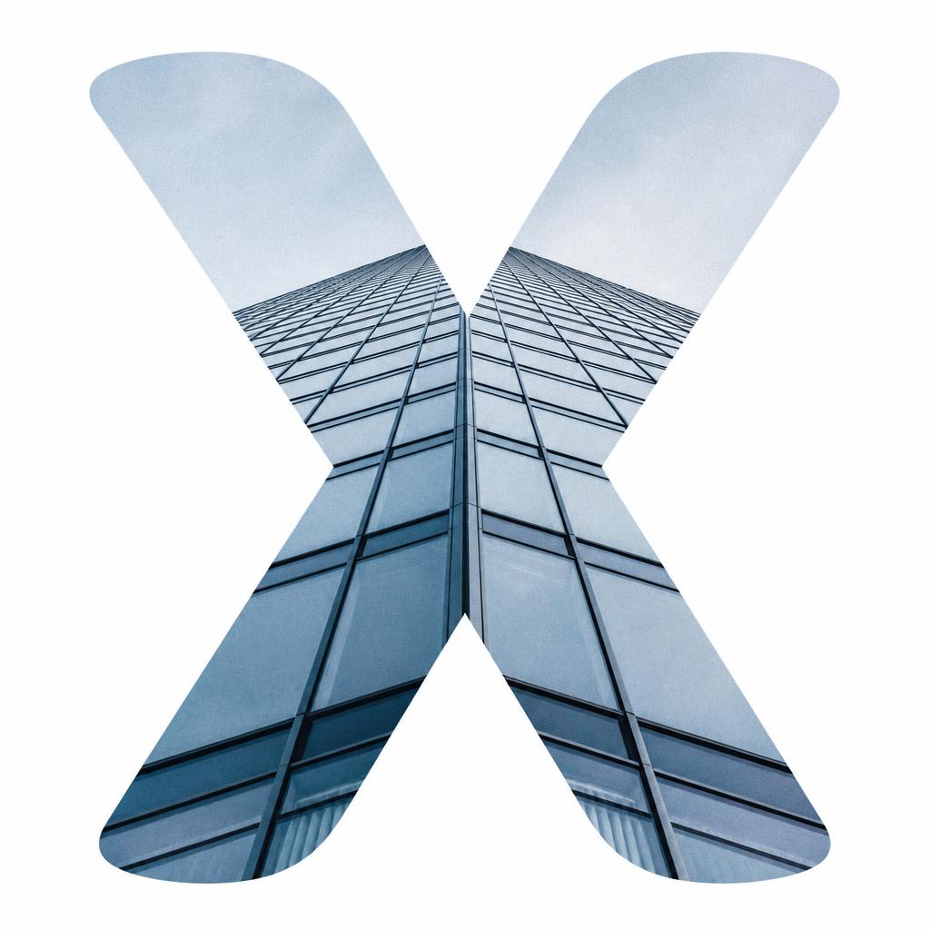 Letter x filled with a glass skyscraper facade